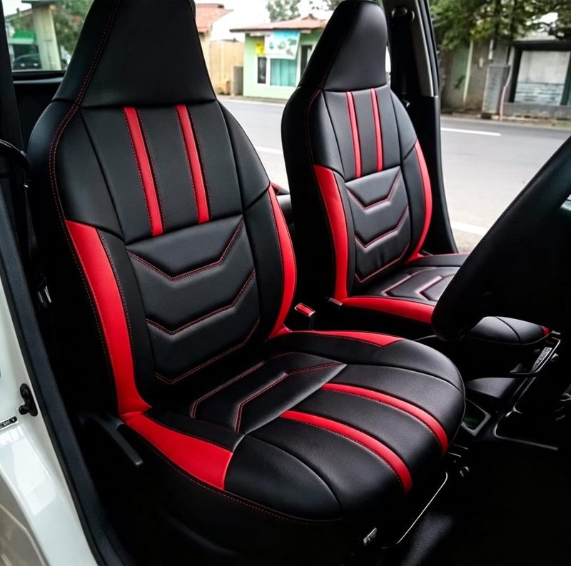Cover jok mobil hitam dengan aksen merah model sporty